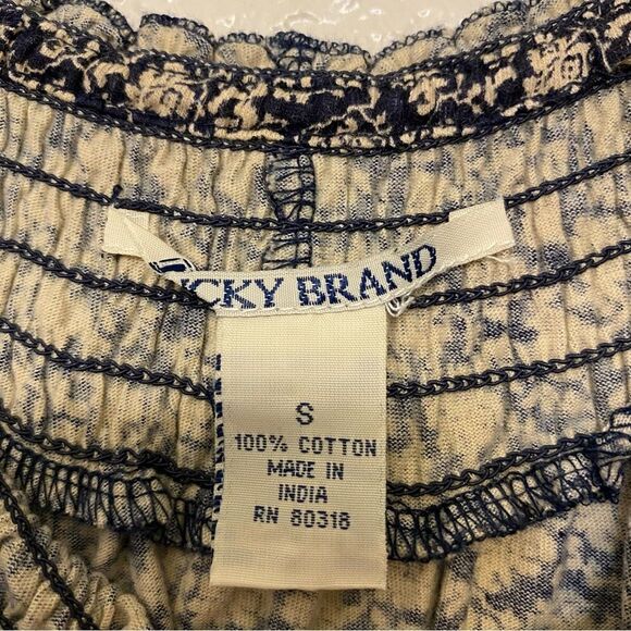 Lucky Brand boho white black print smocked cotton short sleeve blouse top-S - Picture 5 of 9